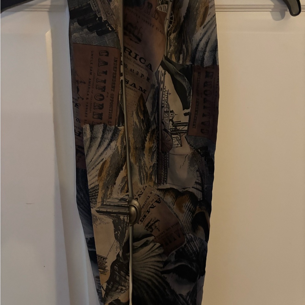 Beautiful‎ Colonial Shipping theme scarf in golds, reds, black.  60” x6.5”.